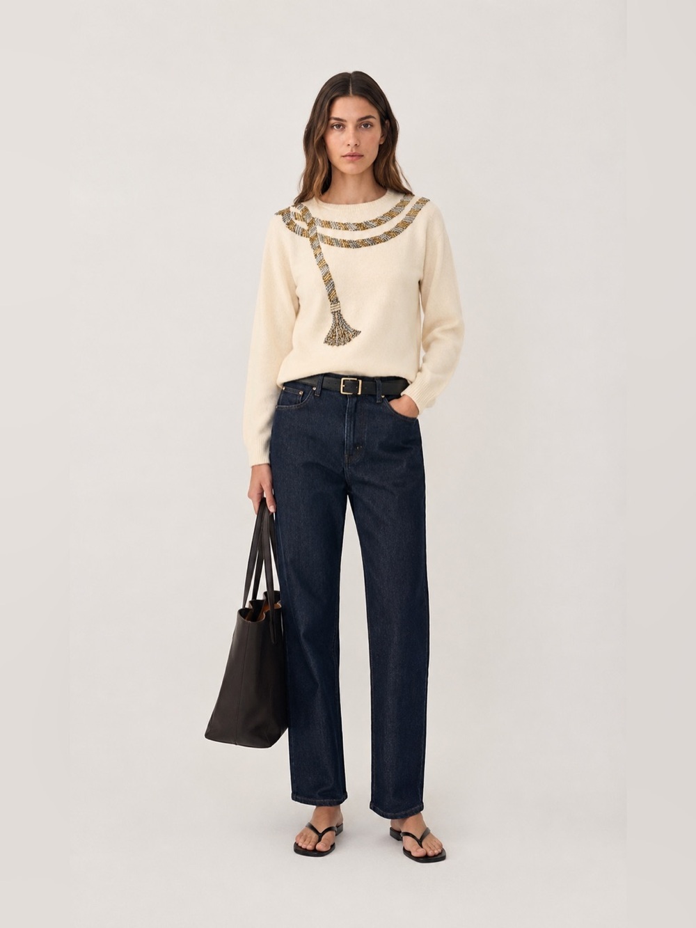 Vintage cream colored angora and lambs wool sweater with beaded detail. Medium